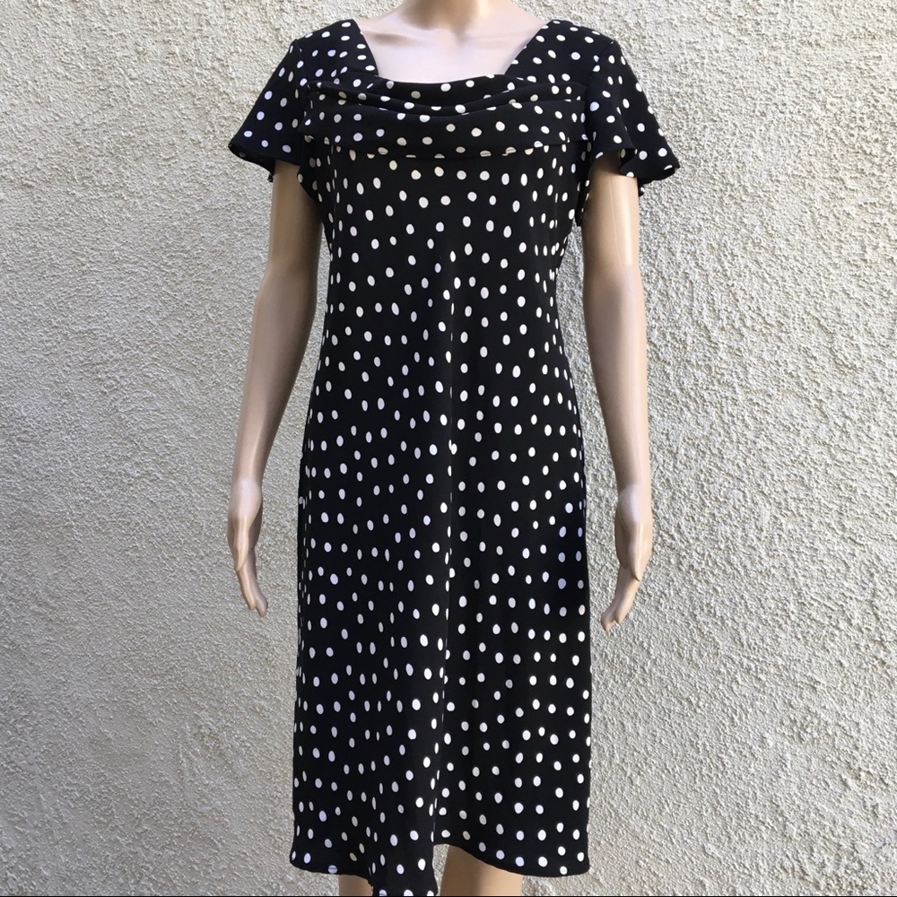 Black & white dot fit & flare dress w/ draped neck - Picture 3 of 7